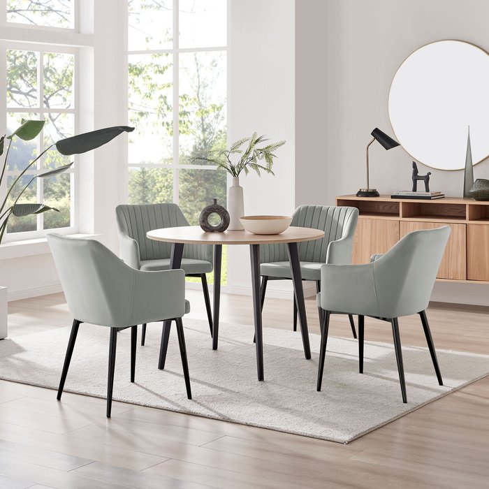 The Range | FurnitureboxUK Palma Beige Stone Effect Round Dining Table and 4 Arlon Silver Leg Chairs - Cream FurnitureboxUK Palma Beige Stone Effect Round Dining Table and 4 Arlon Silver Leg Chairs - Cream