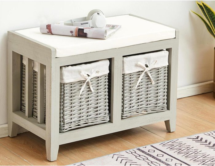 The Range | Home Source Lincoln 2 Wicker Basket Drawer Shoe Storage Bench Unit - Grey Home Source Lincoln 2 Wicker Basket Drawer Shoe Storage Bench Unit - Grey