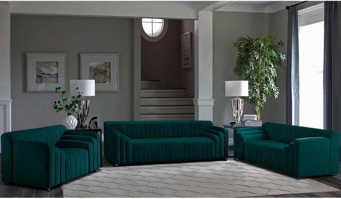 The Range | Simply Eleganza Jessica 3 Piece Flued Sofa Set in Velour Fabric - Green Simply Eleganza Jessica 3 Piece Flued Sofa Set in Velour Fabric - Green