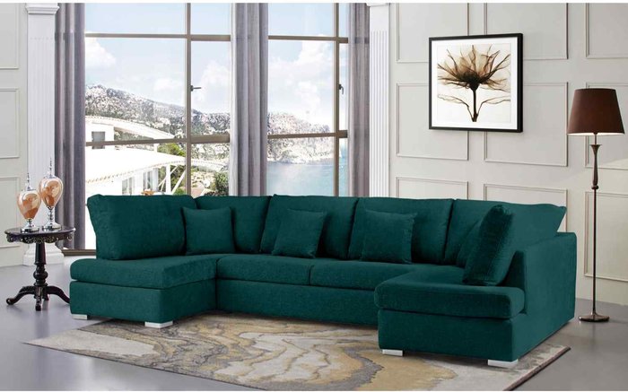 The Range | Simply Eleganza Ollie Large U Shape Sofa Velour Velvet Fabric - Emerald Simply Eleganza Ollie Large U Shape Sofa Velour Velvet Fabric - Emerald