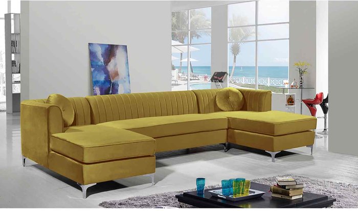 The Range | Simply Eleganza Nora Fixed Back Fluted Large U Shape Sofa - Yellow Simply Eleganza Nora Fixed Back Fluted Large U Shape Sofa - Yellow