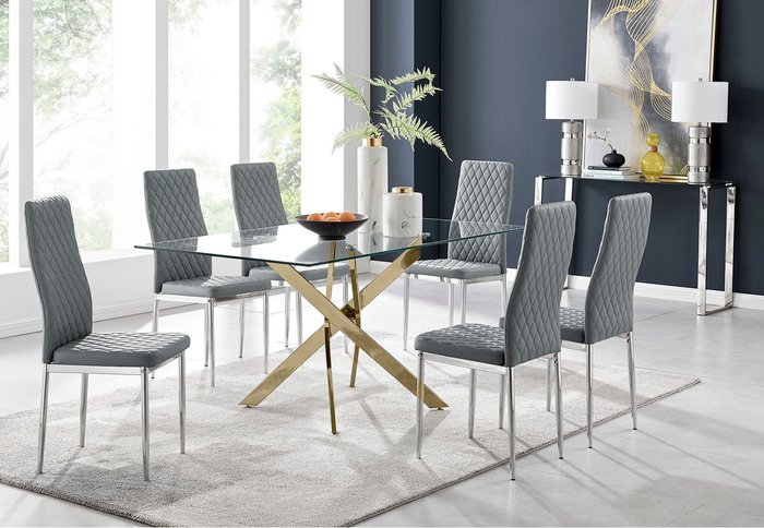 The Range | FurnitureboxUK Leonardo Gold Dining Table With Six Milan Chairs - Grey FurnitureboxUK Leonardo Gold Dining Table With Six Milan Chairs - Grey