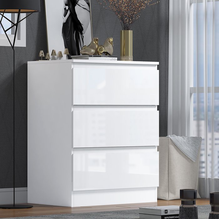 The Range | FWStyle White Gloss 3 Drawer Chest of Drawers Bedside Cabinet - White Gloss FWStyle White Gloss 3 Drawer Chest of Drawers Bedside Cabinet - White Gloss