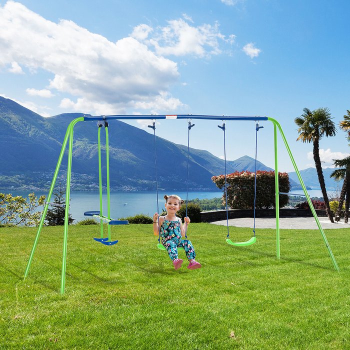 The Range | Outsunny Metal Swings and Seesaw Set Height Adjustable - Green Outsunny Metal Swings and Seesaw Set Height Adjustable - Green