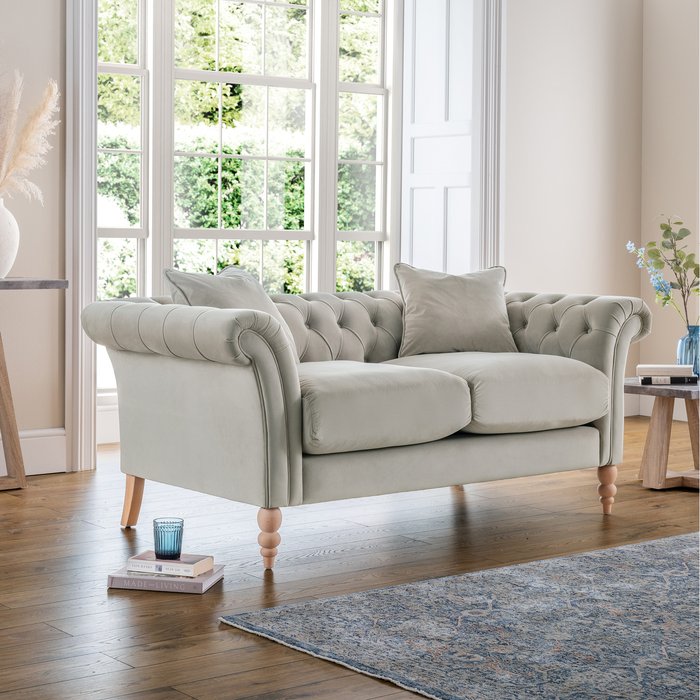The Range | FurnitureboxUK Olivia 2 Seater Velvet Chesterfield Sofa - 'Ice' Pale Grey FurnitureboxUK Olivia 2 Seater Velvet Chesterfield Sofa - 'Ice' Pale Grey