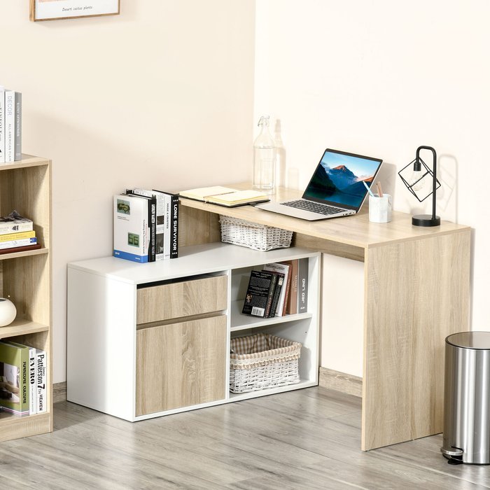 The Range | HOMCOM L Shaped Corner Computer Desk with Storage Shelf - Oak Desk Top, White Cabinet HOMCOM L Shaped Corner Computer Desk with Storage Shelf - Oak Desk Top, White Cabinet