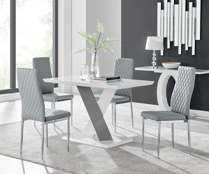 The Range | FurnitureboxUK Monza White High Gloss Dining Table 4 Milan Chrome Leg Chairs - Grey FurnitureboxUK Monza White High Gloss Dining Table 4 Milan Chrome Leg Chairs - Grey