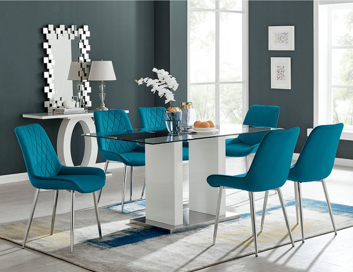 The Range | FurnitureboxUK Florence Dining Table With Six Pesaro Silver Leg Chairs - Blue FurnitureboxUK Florence Dining Table With Six Pesaro Silver Leg Chairs - Blue