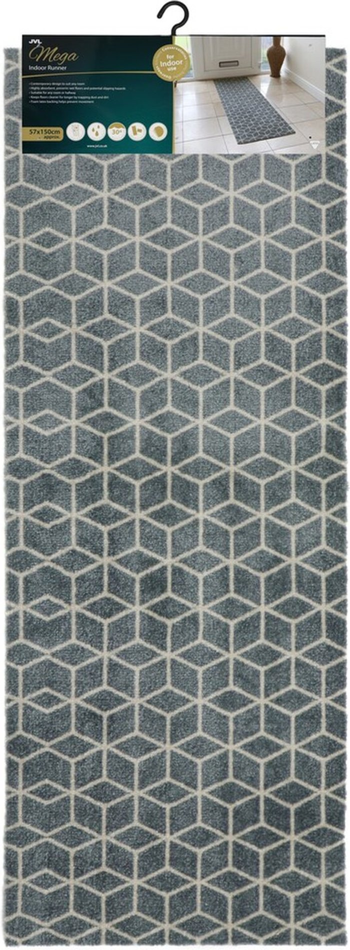 The Range | JVL JVL Mega Runner Mat, 3D Cube Pattern, 57x150cm - Grey JVL JVL Mega Runner Mat, 3D Cube Pattern, 57x150cm - Grey