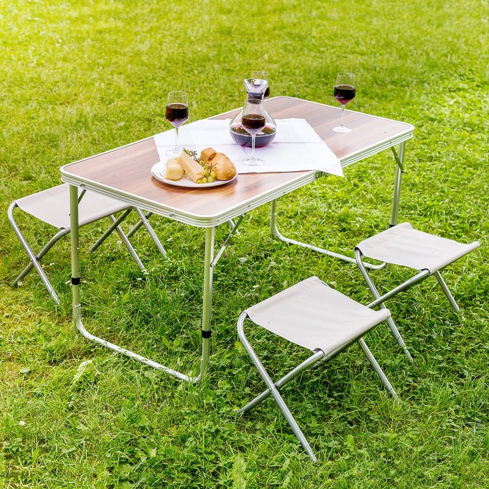 The Range | TECTAKE Camping Table With 4 Stools - Brown/White TECTAKE Camping Table With 4 Stools - Brown/White