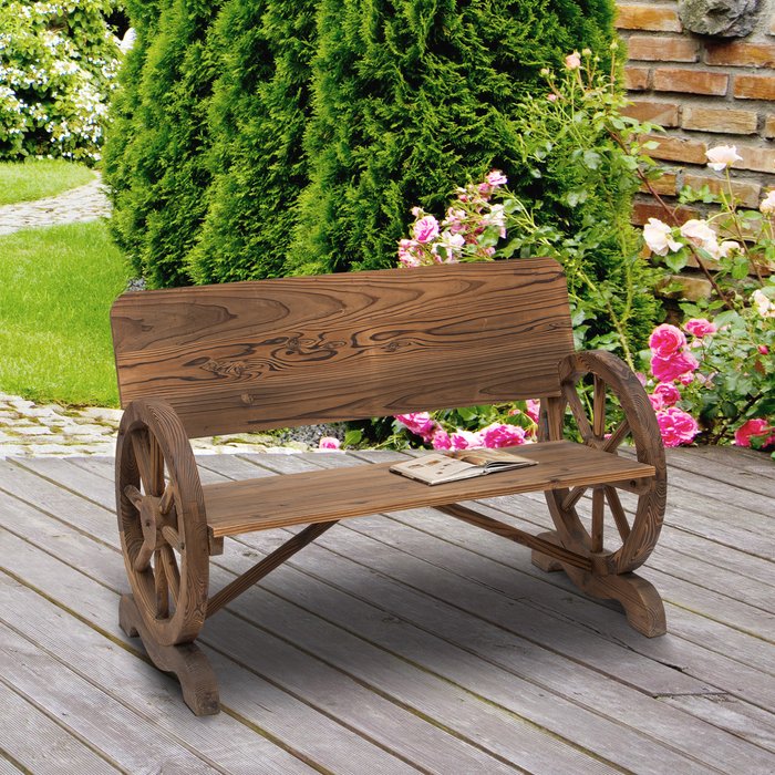 The Range | Outsunny Texan Wagon Wheel Wood Bench - Carbonized Brown Outsunny Texan Wagon Wheel Wood Bench - Carbonized Brown