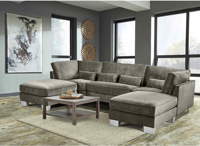 The Range | Simply Eleganza Almora Full Back Corner U Shape Sofa Velour Fabric with 2 Footstools - Grey Simply Eleganza Almora Full Back Corner U Shape Sofa Velour Fabric with 2 Footstools - Grey