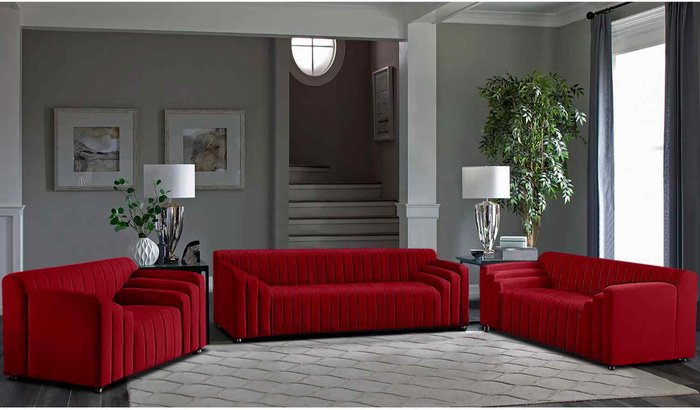 The Range | Simply Eleganza Jessica 3 Piece Flued Sofa Set in Velour Fabric - Red Simply Eleganza Jessica 3 Piece Flued Sofa Set in Velour Fabric - Red