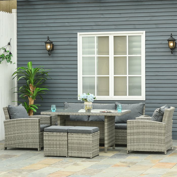 The Range | Outsunny 6 Pieces Rattan Dining Set Sofa Table - Grey Outsunny 6 Pieces Rattan Dining Set Sofa Table - Grey