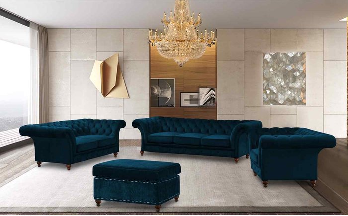 The Range | Simply Eleganza Marcus Chesterfield 4 Piece Sofa Set in Velour Fabric - Blue Simply Eleganza Marcus Chesterfield 4 Piece Sofa Set in Velour Fabric - Blue