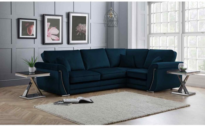 The Range | Simply Eleganza Luca Full Back L Shape Right Hand Corner Sofa Velvet Beading - Blue Simply Eleganza Luca Full Back L Shape Right Hand Corner Sofa Velvet Beading - Blue
