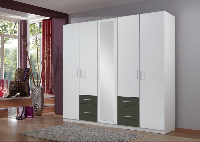 The Range | Tjs Freiburg 5 Door Wardrobe with Graphite Drawers - White Tjs Freiburg 5 Door Wardrobe with Graphite Drawers - White