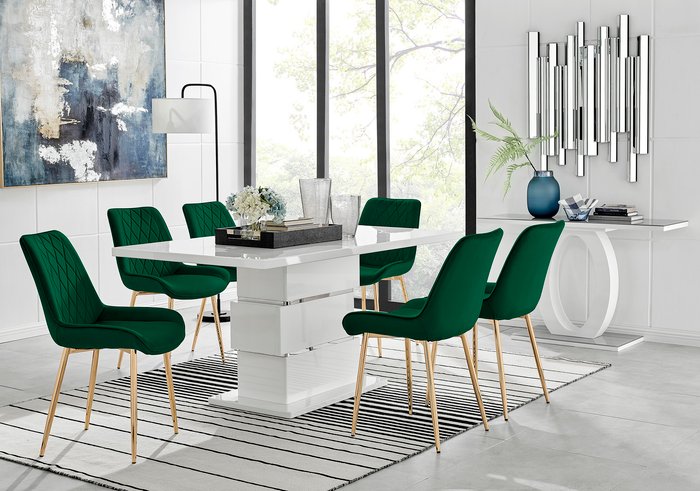 The Range | FurnitureboxUK Apollo Table With Six Pesaro Gold Leg Chairs - Green FurnitureboxUK Apollo Table With Six Pesaro Gold Leg Chairs - Green