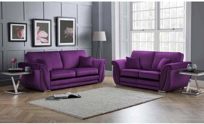 The Range | Simply Eleganza Luca 3 and 2 Seater Full Back Sofa Set Velvet with Beading - Boysenberry Simply Eleganza Luca 3 and 2 Seater Full Back Sofa Set Velvet with Beading - Boysenberry
