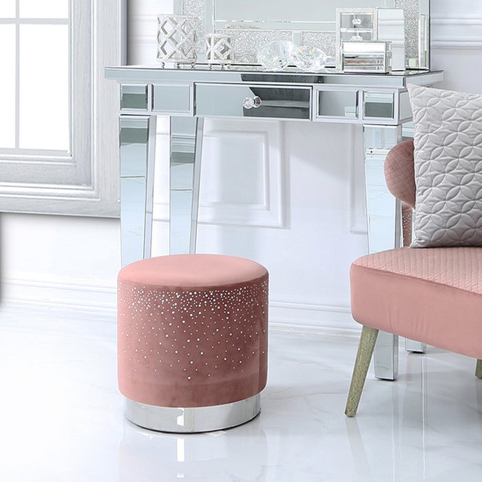 The Range | Vanity Living Velvet Round Diamond Footstool - Pink Vanity Living Velvet Round Diamond Footstool - Pink
