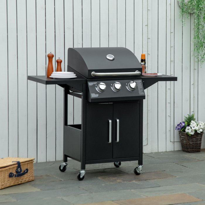The Range | Outsunny Outsunny 3 Burner Gas Grill Portable BBQ Trolley W/ 4 Wheels And Side Shelves Outsunny Outsunny 3 Burner Gas Grill Portable BBQ Trolley W/ 4 Wheels And Side Shelves