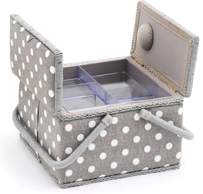 The Range | HobbyGift Sewing Box Twin Lid Square Grey Linen Polka Dot - Silver HobbyGift Sewing Box Twin Lid Square Grey Linen Polka Dot - Silver