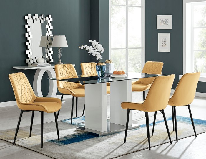 The Range | FurnitureboxUK Florence Large Rectangular Dining Table With Six Pesaro Black Leg Chairs - Mustard FurnitureboxUK Florence Large Rectangular Dining Table With Six Pesaro Black Leg Chairs - Mustard