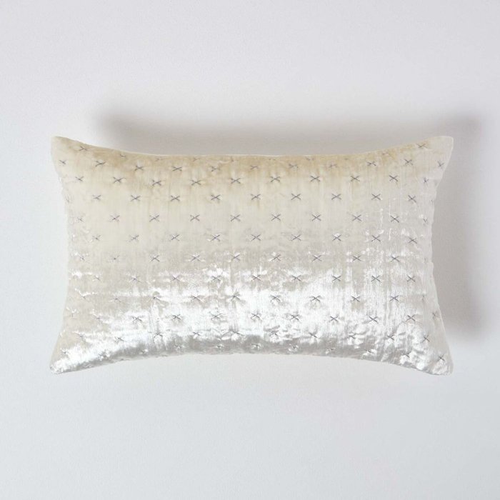 The Range | Homescapes Crushed Velvet Cross Stich Cushion Cover - Cream Homescapes Crushed Velvet Cross Stich Cushion Cover - Cream