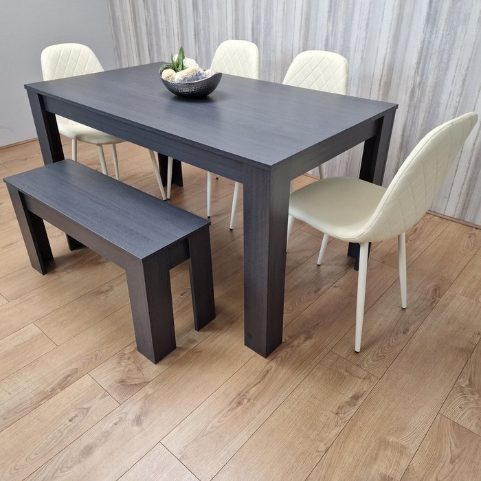 The Range | Kosy Koala Grey Dining Table 4 Stitched Cream Chairs and 1 Bench Dining Set - Charcoal Kosy Koala Grey Dining Table 4 Stitched Cream Chairs and 1 Bench Dining Set - Charcoal
