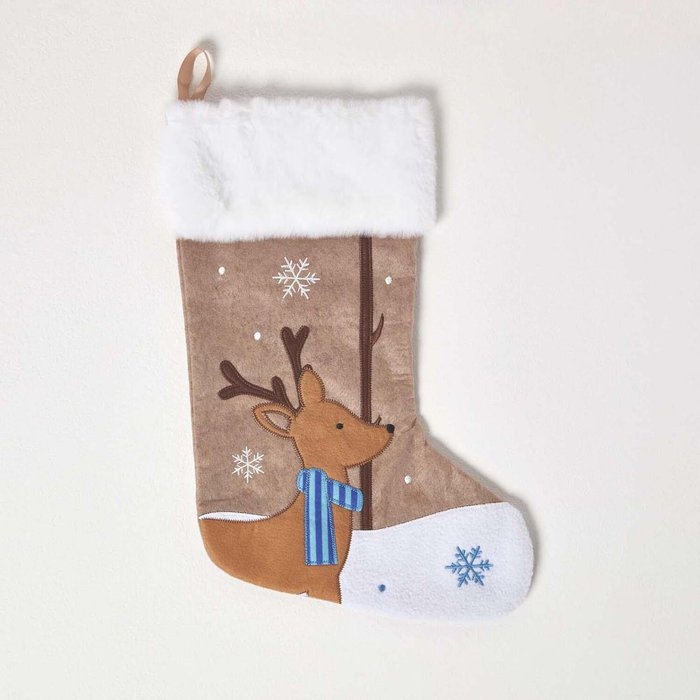The Range | Homescapes Reindeer Christmas Stocking - Brown Homescapes Reindeer Christmas Stocking - Brown