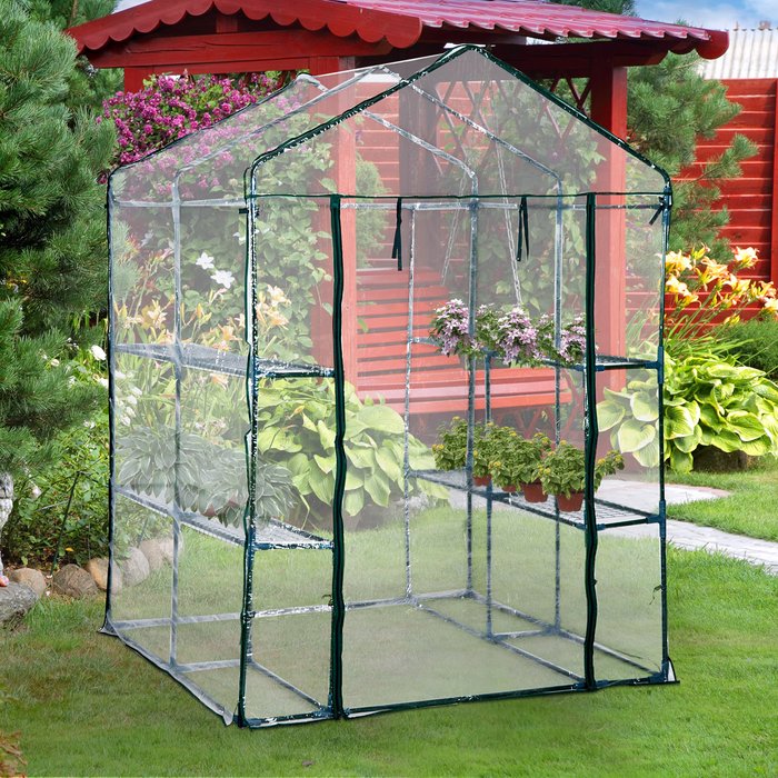 The Range | Outsunny 4 Tiers 8 Shelves Metal Frame Walk in Portable Greenhouse - Transparent / 143cm Outsunny 4 Tiers 8 Shelves Metal Frame Walk in Portable Greenhouse - Transparent / 143cm