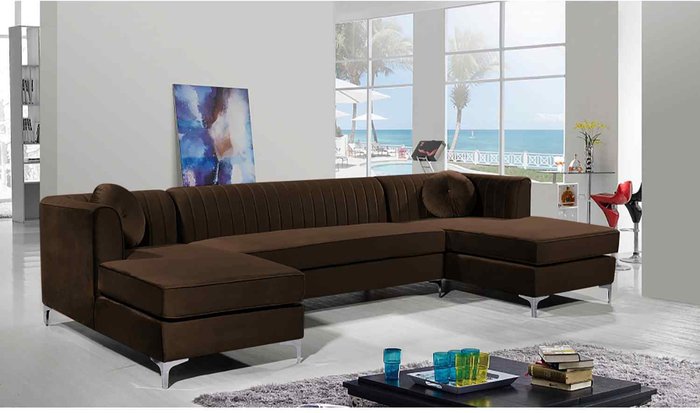 The Range | Simply Eleganza Nora Fixed Back Fluted Large U Shape Sofa - Brown Simply Eleganza Nora Fixed Back Fluted Large U Shape Sofa - Brown