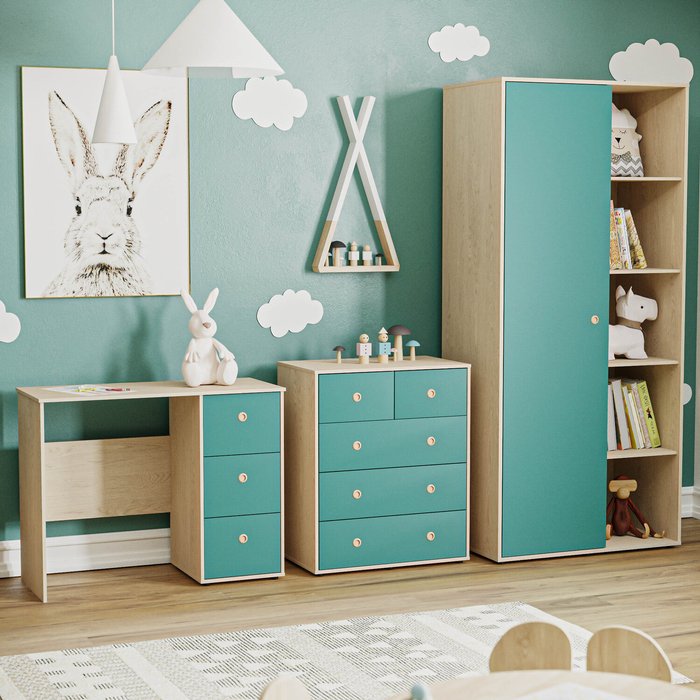 The Range | Neptune 3 Piece Bedroom Set - Desk, 5 Drawer Chest, Wardrobe - Blue and Oak Neptune 3 Piece Bedroom Set - Desk, 5 Drawer Chest, Wardrobe - Blue and Oak