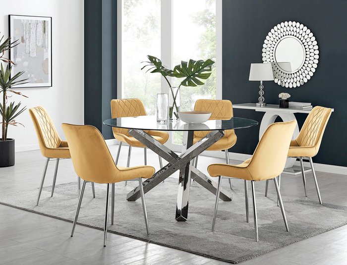 The Range | FurnitureboxUK Vogue Round Dining Table 6 Pesaro Silver Leg Chairs - Mustard FurnitureboxUK Vogue Round Dining Table 6 Pesaro Silver Leg Chairs - Mustard