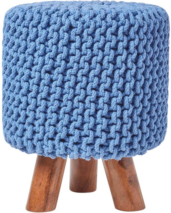 The Range | Homescapes Knitted Cotton Footstool with Wooden Legs - Blue / 32cm Homescapes Knitted Cotton Footstool with Wooden Legs - Blue / 32cm