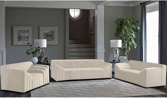 The Range | Simply Eleganza Jessica 3 Piece Flued Sofa Set in Velour Fabric - White Simply Eleganza Jessica 3 Piece Flued Sofa Set in Velour Fabric - White