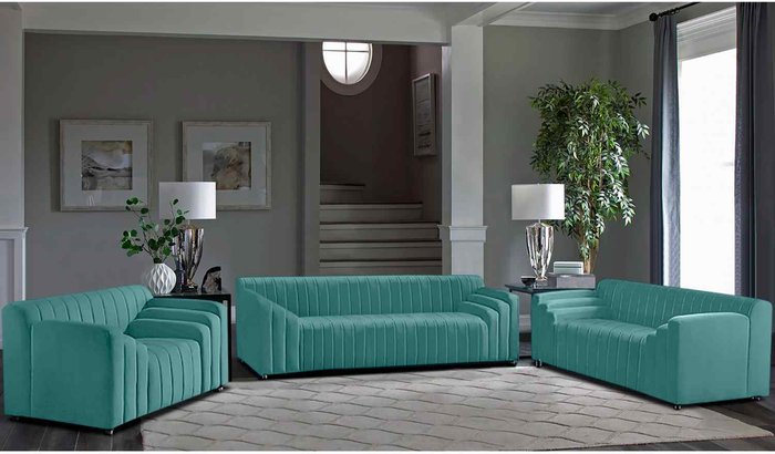 The Range | Simply Eleganza Jessica 3 Piece Flued Sofa Set in Velour Fabric - Turquoise Simply Eleganza Jessica 3 Piece Flued Sofa Set in Velour Fabric - Turquoise