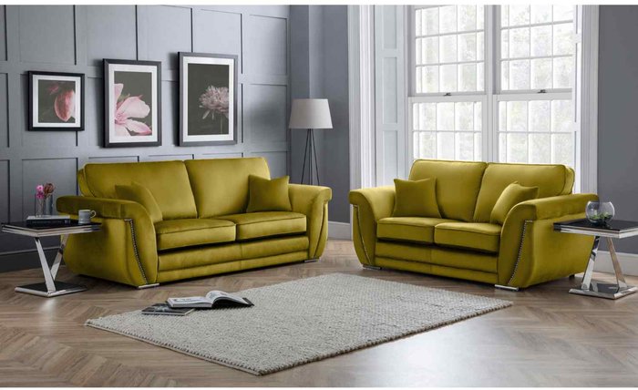 The Range | Simply Eleganza Luca 3 and 2 Seater Full Back Sofa Set Velvet with Beading - Grass Simply Eleganza Luca 3 and 2 Seater Full Back Sofa Set Velvet with Beading - Grass
