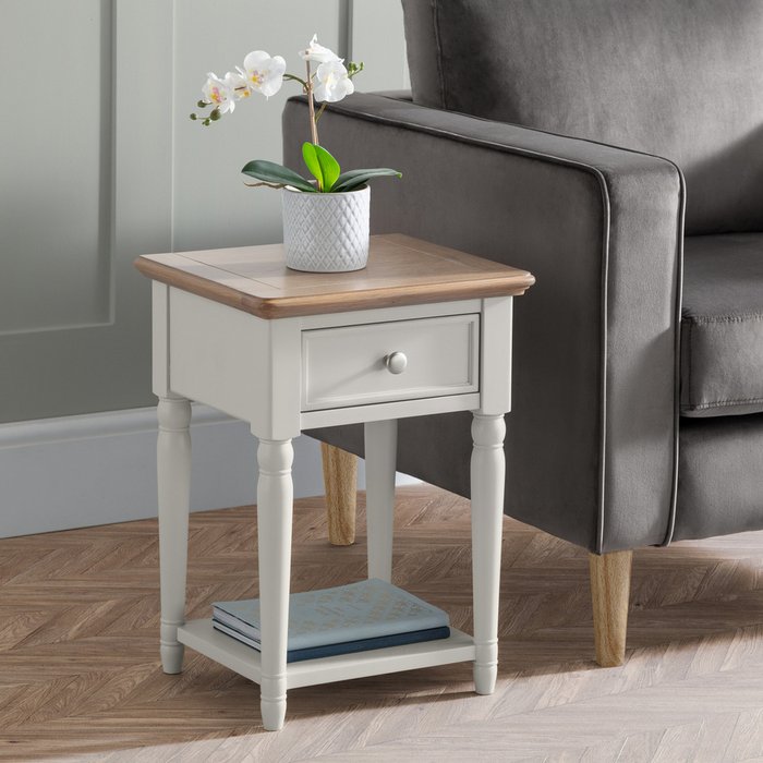 The Range | Julian Bowen Provence 1 Drawer Lamp Table - Limed Oak and Grey Julian Bowen Provence 1 Drawer Lamp Table - Limed Oak and Grey