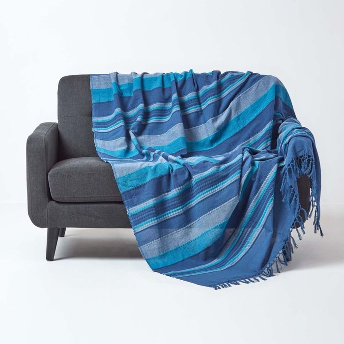 The Range | Homescapes Cotton Morocco Striped Blue Throw - Blue / 150 x 200 cm Homescapes Cotton Morocco Striped Blue Throw - Blue / 150 x 200 cm