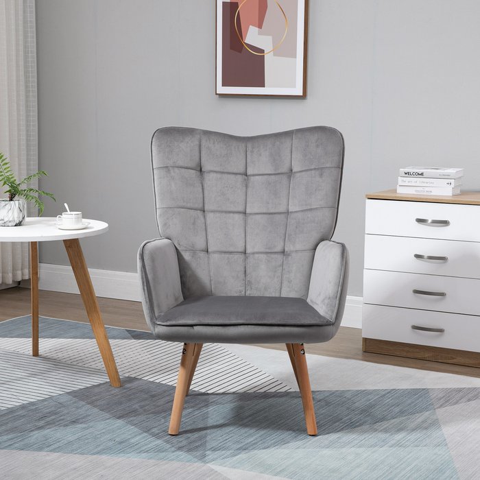 The Range | HOMCOM Accent Chair Wingback Armchair with Wood Legs - Grey HOMCOM Accent Chair Wingback Armchair with Wood Legs - Grey