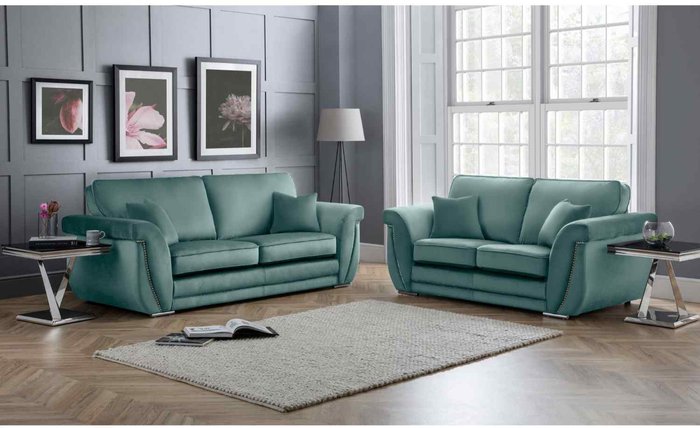 The Range | Simply Eleganza Luca 3 and 2 Seater Full Back Sofa Set Velvet with Beading - Seaspray Simply Eleganza Luca 3 and 2 Seater Full Back Sofa Set Velvet with Beading - Seaspray