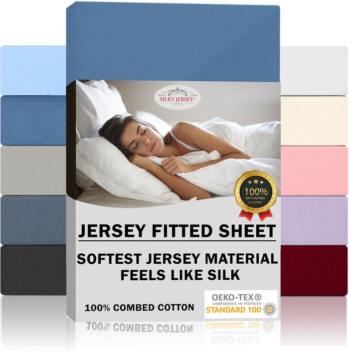 The Range | Double Jersey Silky Jersey Cotton Fitted Sheets - Jeans Blue / 140x200x30 cm / Double Double Jersey Silky Jersey Cotton Fitted Sheets - Jeans Blue / 140x200x30 cm / Double