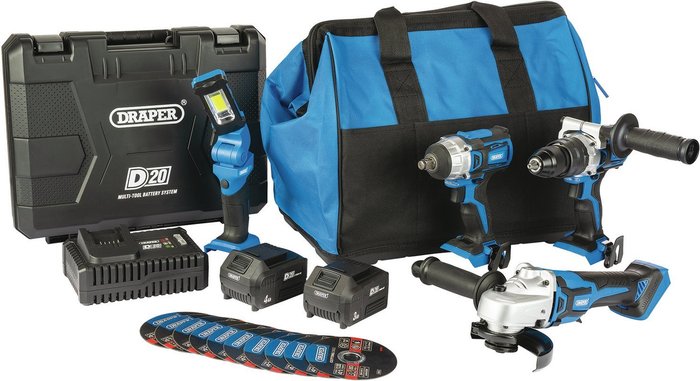 The Range | Draper Draper Quailty 8 Piece D20 Series 20 Volt Workshop Kit - Blue, Black Draper Draper Quailty 8 Piece D20 Series 20 Volt Workshop Kit - Blue, Black
