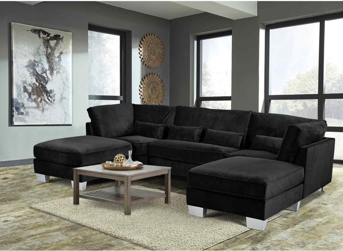 The Range | Simply Eleganza Almora Full Back Corner U Shape Sofa Velour Fabric with 2 Footstools - Black Simply Eleganza Almora Full Back Corner U Shape Sofa Velour Fabric with 2 Footstools - Black