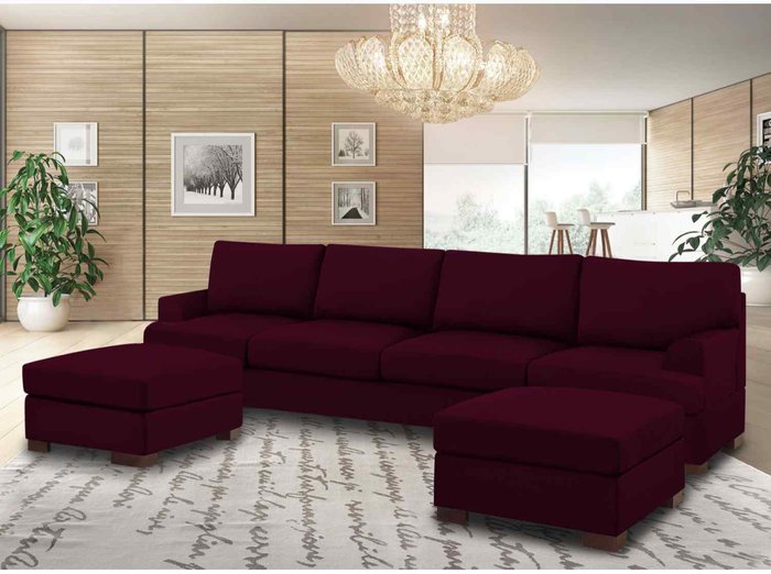The Range | Simply Eleganza Henry Large U Shape Sofa in Plush Velvet with 2 Footstools - Red Simply Eleganza Henry Large U Shape Sofa in Plush Velvet with 2 Footstools - Red