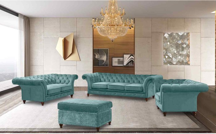 The Range | Simply Eleganza Marcus Chesterfield 4 Piece Sofa Set in Velour Fabric - Turquoise Simply Eleganza Marcus Chesterfield 4 Piece Sofa Set in Velour Fabric - Turquoise
