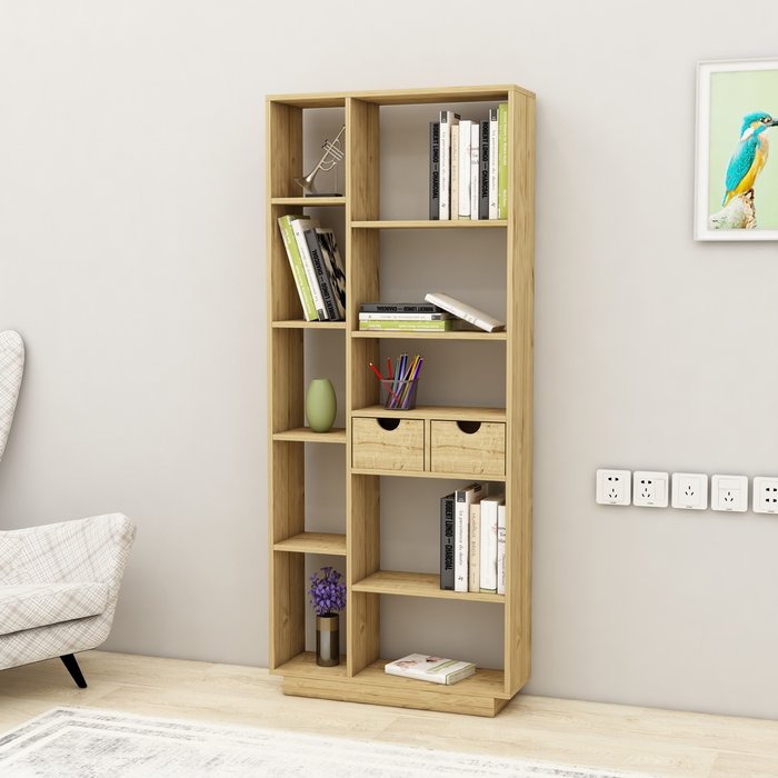 The Range | Destina Home Revna Bookcase with Drawers and Shelves - Sapphire Oak Destina Home Revna Bookcase with Drawers and Shelves - Sapphire Oak