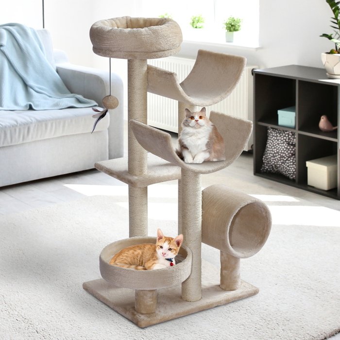 The Range | PawHut PawHut Multi-Level Cat Tree w/ Scratching Post, Perch, Tunnel and Hanging Ball - Beige PawHut PawHut Multi-Level Cat Tree w/ Scratching Post, Perch, Tunnel and Hanging Ball - Beige
