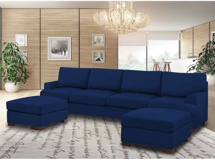 The Range | Simply Eleganza Henry Large U Shape Sofa in Plush Velvet with 2 Footstools - Blue Simply Eleganza Henry Large U Shape Sofa in Plush Velvet with 2 Footstools - Blue
